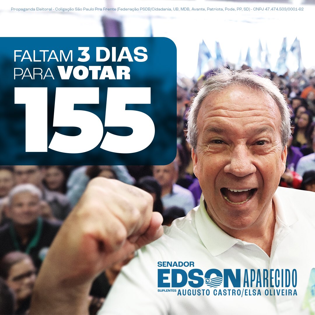 Faltam apenas 3️⃣ dias para as eleições!
Dia 2 de outubro, vote 1️⃣5️⃣5️⃣✅ para senador e 4️⃣5️⃣✅ governador em São Paulo! Vamos juntos! #Vote155 #Rodrigo45