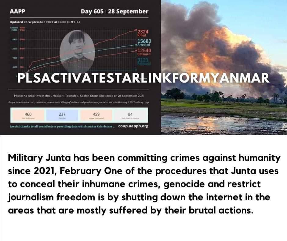 b3rry_y's tweet photo. Due to the coup, the lives of MM ppl are in danger &amp; all matters, including communication, are no longer safe. StarLink can provide ppl with secure Internet access while terrorists control people's Internet connections. 
@elonmusk
#PlsActivateStarLinkForMyanmar 
#MyanmarNeedsHelp https://t.co/4mM3vgpFqB