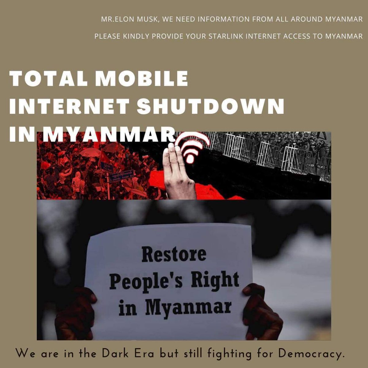 miN13700's tweet photo. If we get access to Star Link satellite internet, difficulties of the locals from the war-affected area, the ruthless actions of military council will be presented to the world with more evidences
#MyanmarNeedsHelp @elonmusk
#PlsActivateStarLinkForMyanmar
#WhatsHappeningInMyanmar https://t.co/HPV9LZIAh6