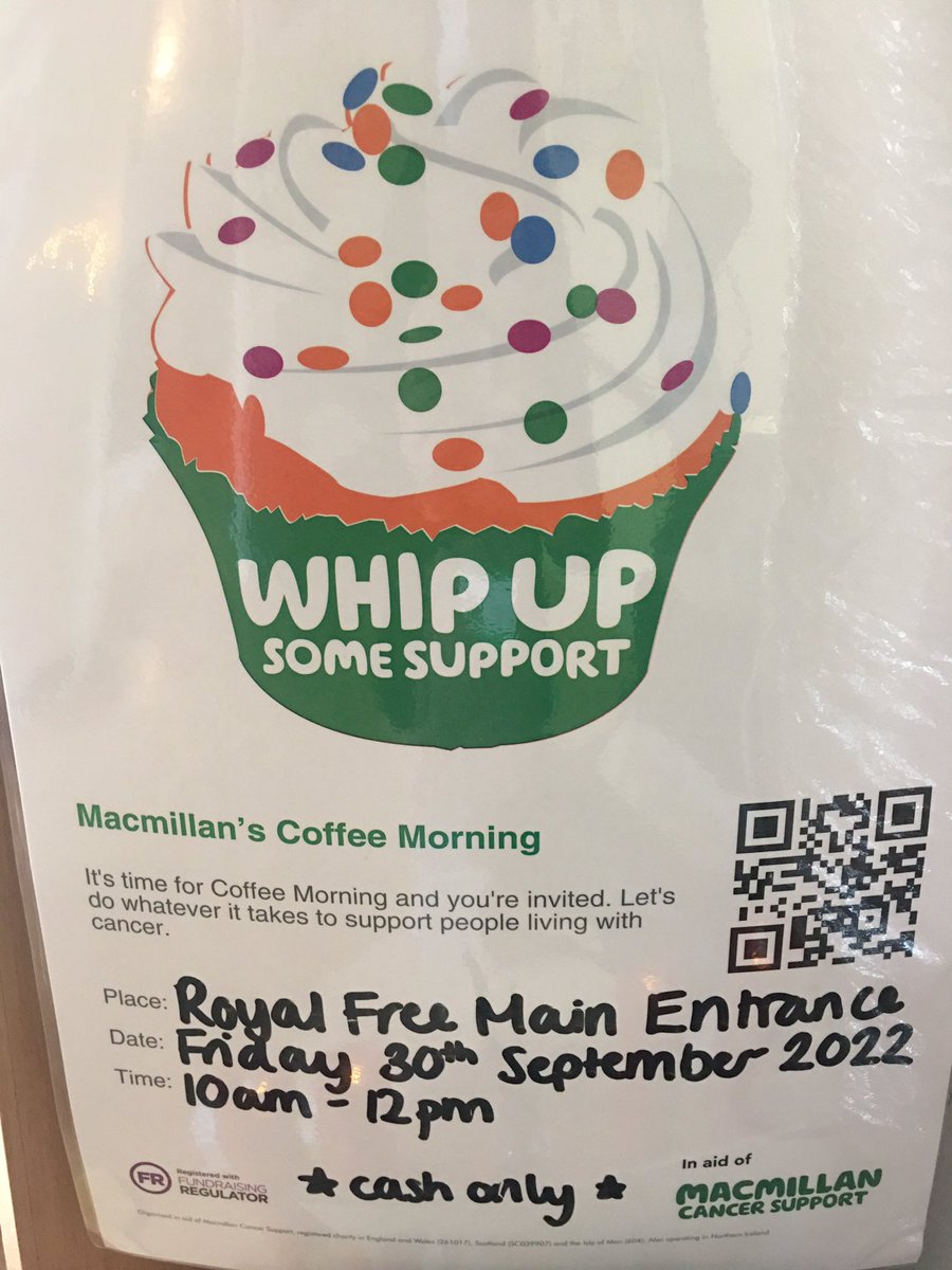 azmina_rose's tweet photo. Oh crumbs! I almost forgot to remind you all that tomorrow is #MacmillanCoffeeMorning @RoyalFreeHospital main site. Please come on down if you’re about! Giant thanks to our trusty tribe of 8 wonderful Band 4 #CancerSupportWorkers for such expert cakery and biscuiting 🍰 🧁 🍪 https://t.co/ETkzCISc1k