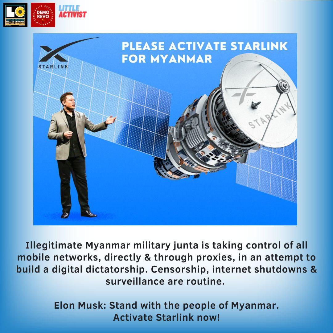 Illegitimate Myanmar military junta is taking control of all mobile networks, directly &amp; through proxies, in an attempt to build a digital dictatorship. Censorship, internet shutdowns &amp; surveillance are routine.  <a href="/elonmusk/">Elon Musk</a>: #MyanmarNeedsHelp #PlsActivateStarLinkForMyanmar