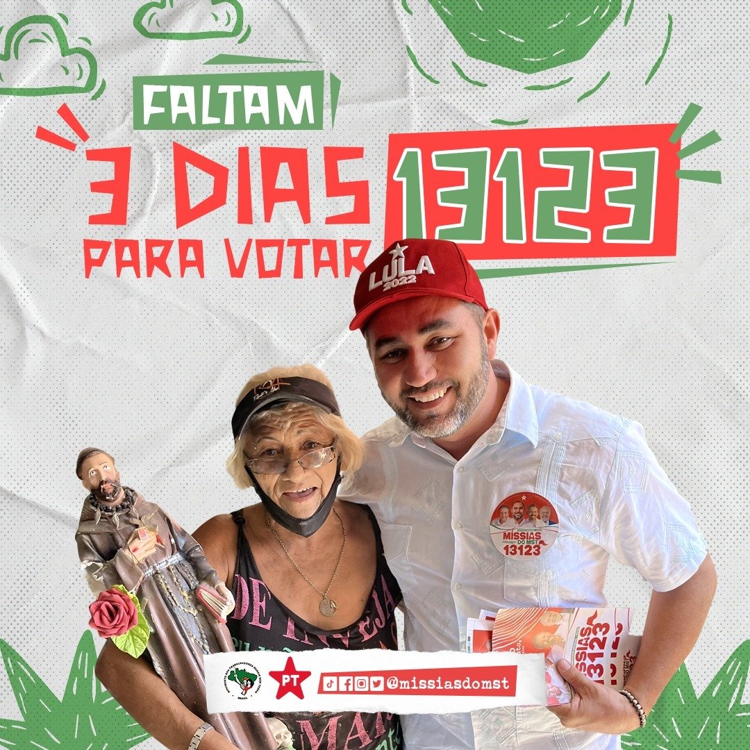 MissiasDias's tweet photo. Faltam 3 dias!!
Tá cada vez mais perto de eleger o primeiro Sem Terra do parlamento cearense.
13123 Para ocupar o parlamento!!
#VOTE13 #LulaNoPrimeiroTurno #MissiasDoMST13123
#PTCeara #PTBrasil https://t.co/lIkp1TMs3V