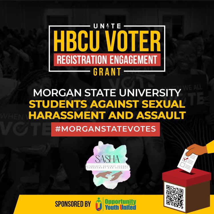 SASHA_MSU's tweet photo. Thank you @oyunited and @unite_inc for allowing S.A.S.H.A the opportunity to get our Morgan State family registered to vote ahead of the midterm elections! 💜💚🐻
#MorganStateVotes🗳️ https://t.co/ls7eAxFN8i