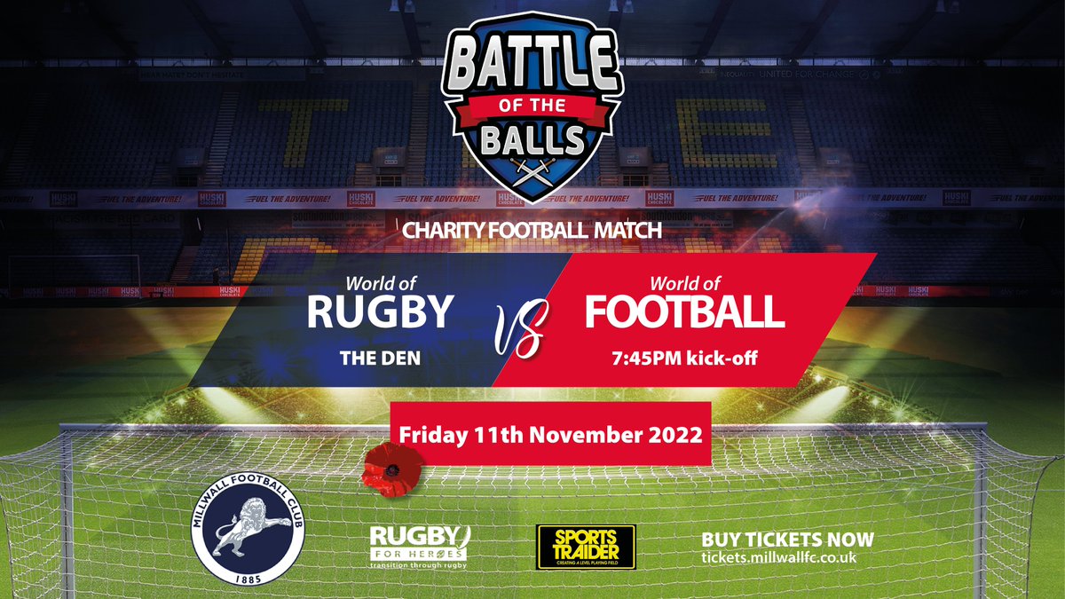 BattleOTBalls's tweet photo. This year, the🏉Battle of the Balls⚽ makes its debut appearance at @MillwallFC, The Den.

Managed by all-stars Mick McCarthy &amp; Harry Redknapp.

World of Rugby vs. World of Football

📅 11th November 2022
⏰ KO 7:45 pm 
📍 Millwall FC, The Den
🔗https://t.co/TEVcqtSlQ7 https://t.co/GyPyTzz1dC