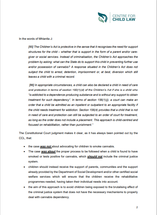 UPChildLaw's tweet photo. The Centre welcomes the ConCourt's decision which confirms that the criminal justice system is not the correct forum to deal with children using and/or found in possession of cannabis.  

See below the press statement and link to the judgment:

https://t.co/QLqor93iGP https://t.co/pDB886XCge