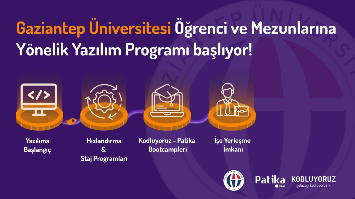 Hey GAÜN'lü! #Kodluyoruz &amp; <a href="/patika_dev/">Patika.dev</a>  olarak yazılıma yeni başlayanlardan yazılım geliştirici olmak isteyenlere kadar 3 adımdan oluşan bir program hazırladık! 🚀
Mezunlar dahil bölüm ve sınıf sınırlamamız yok. Tek şart GAÜN’lü olmak! 🙌🏻

Başvuru Formu 👉🏻 bit.ly/gaunprogram