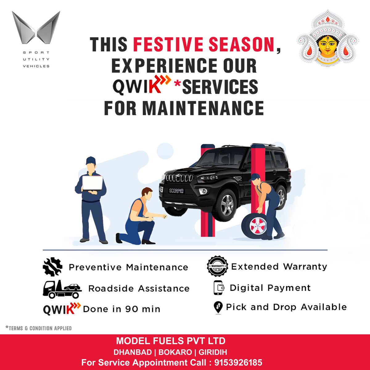 ModelFuels_MnM's tweet photo. This festive season experience our QWIK SERVICES for maintenance 
#ModelFuelsPvt 
#Withyouhamesha 
For Service appointment call us 📞9153926185 https://t.co/EYKdzS2ntx