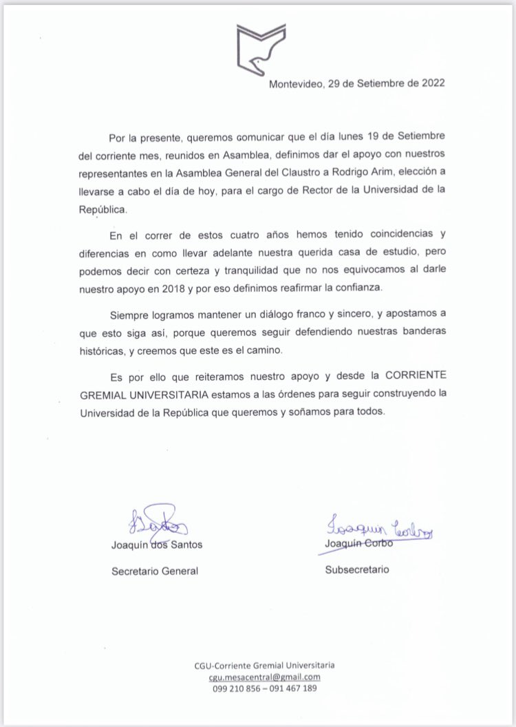 CentralCgu's tweet photo. Por la presente, queremos comunicar nuestro apoyo a @RodrigoArim1 para la reelección como Rector de la @Udelaruy https://t.co/mwD08zyGM7