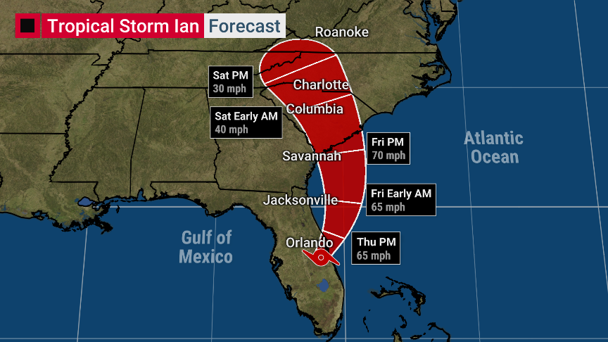 ColleenWeather's tweet photo. #Ian is still a powerful tropical storm this AM. It continues to make its mark across FL w/ eyes set on GA &amp; Carolinas. Ian will likely make another landfall in SC Fri PM. That means #stormsurge #wind #inlandflooding are concerns for places like #Charleston #Savannah #MyrtleBeach https://t.co/WZgBvEzPiP