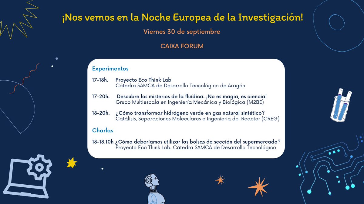 (2/2)
También, os esperamos en <a href="/CaixaForum/">CaixaForum</a> Zaragoza con más actividades y proyectos 🔬 junto a nuestras investigadoras del grupo <a href="/M2BE_I3A/">M2BE-I3A</a>, 
♻️ investigadores del grupo #CREGI3A y la #CátedraSAMCAdt
📰i3a.unizar.es/es/noticias/no…