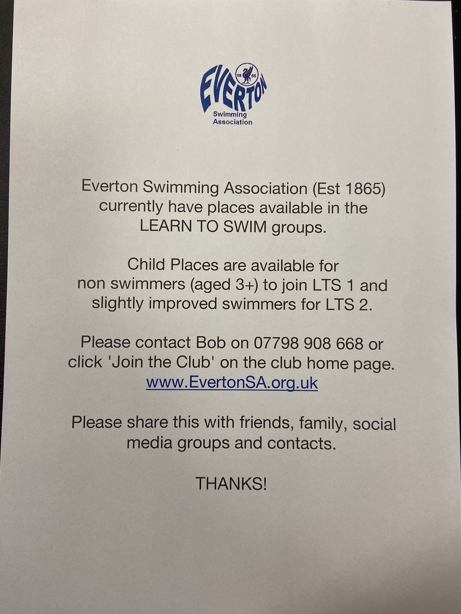 Centivos's tweet image. Do you know any children 3-5 years who want to learn to swim? Check out Everton SA who are currently recruiting in the North West. See attached. Please share.  @EvertonESA #learntoswim