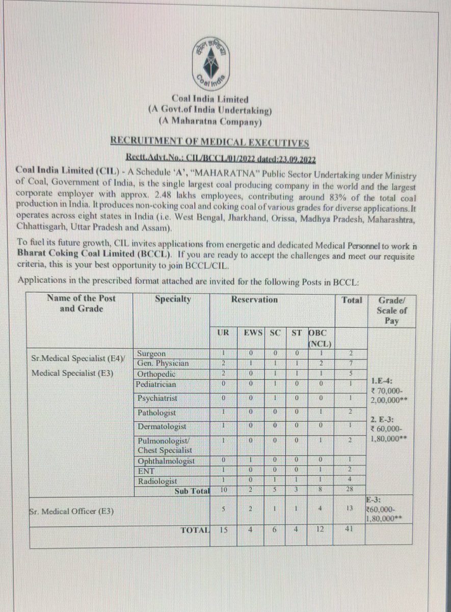 gunjan33's tweet photo. Coal India Limited is looking for https://t.co/VqEjvWOXLT number of vacancy is 472. Details available on CIL website #Medical #recruitment2022 #PSU https://t.co/8209YmNE2n