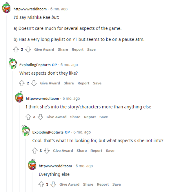 MishkaRae's tweet photo. For the first time in the 6 years of my channel, I finally looked myself up on Reddit - a girl gets curious, you know? I happened to find this gem on a post looking for Genshin playthroughs.

Absolutely made my day 🤣

Whoever you are, you are a champ~ https://t.co/afkdY1v93f