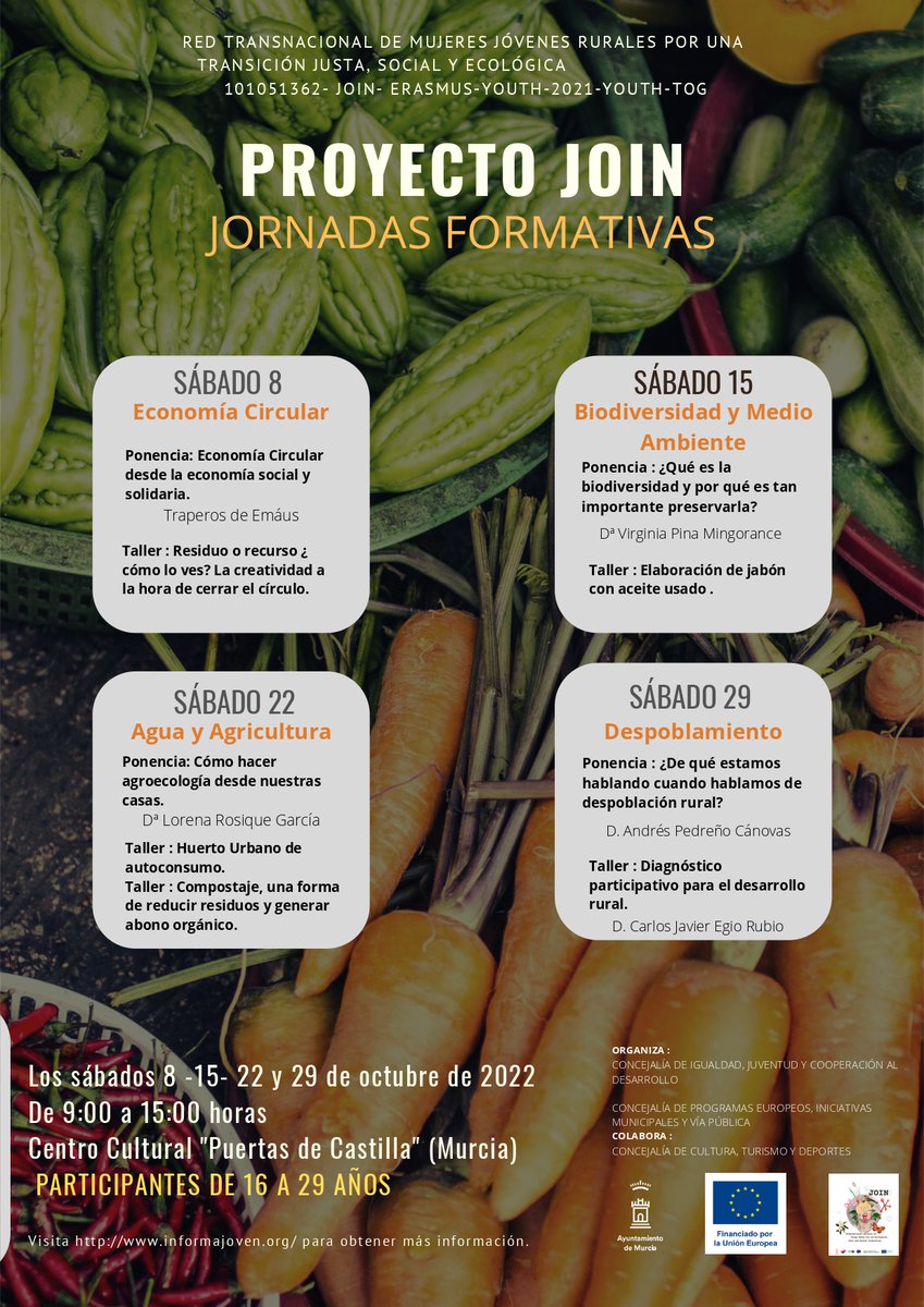 HabitatC's tweet photo. Si quieres formar parte de una red de mujeres jóvenes por una transición ecológica, justa y social, no te pierdas las jornadas del #ProyectoJOIN. Envía nombre, apellidos y fecha de nacimiento a planjoven@ayto-murcia.es. ☎️ 968 231589 #economíacircular #biodiversidad #agroecología https://t.co/xfWRYXDCYq