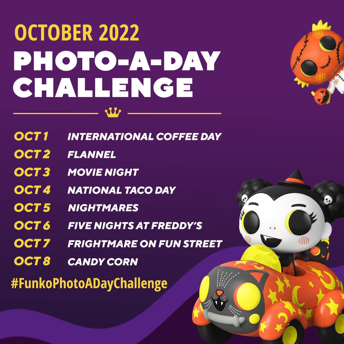 OriginalFunko's tweet photo. We are doing #FunkoPhotoADayChallenge the entire month of October! 👻🎃🕸️ Starting October 1st, post a photo using a Funko item, matching the theme for the day with the #FunkoPhotoADayChallenge tag to enter on Twitter. The challenge will continue the 16th on Instagram! #Funko https://t.co/BK0ErrpgCO
