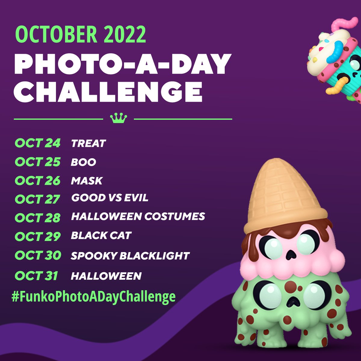 OriginalFunko's tweet photo. We are doing #FunkoPhotoADayChallenge the entire month of October! 👻🎃🕸️ Starting October 1st, post a photo using a Funko item, matching the theme for the day with the #FunkoPhotoADayChallenge tag to enter on Twitter. The challenge will continue the 16th on Instagram! #Funko https://t.co/BK0ErrpgCO
