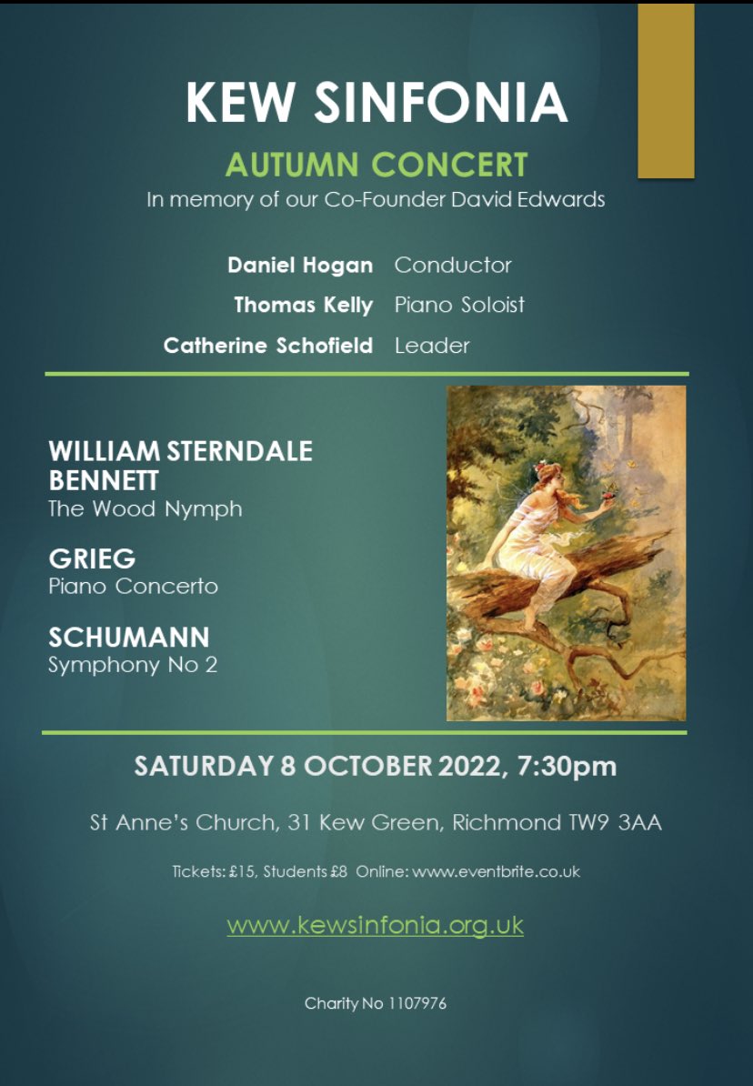COMING UP: Saturday 8th October Kew Sinfonia performs Greig, Schumann and Sterndale Bennett at St. Anne’s, Kew Green. <a href="/KewSinfonia/">Kew Sinfonia</a> <a href="/saintanneskew/">St Anne’s Kew Green</a> 
Beautiful programme with stunning soloist Thomas Kelly