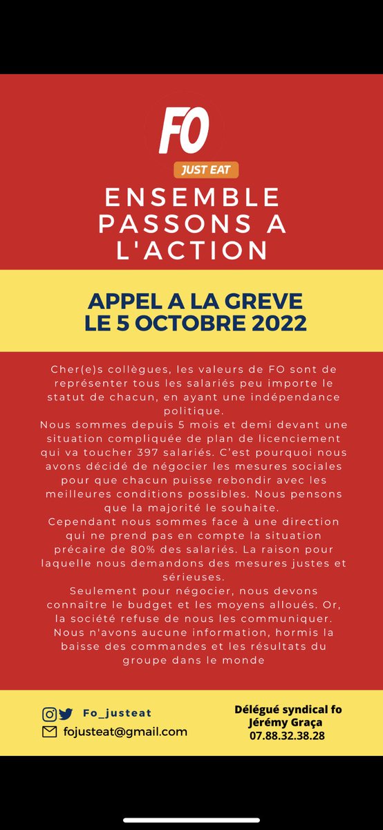 fo_justeat's tweet photo. Appel à la grève de FO Just Eat pour le 5 octobre 2022 @force_ouvriere @SouillotFo @fo_justeat #GREVE https://t.co/oiRAY6v2JG