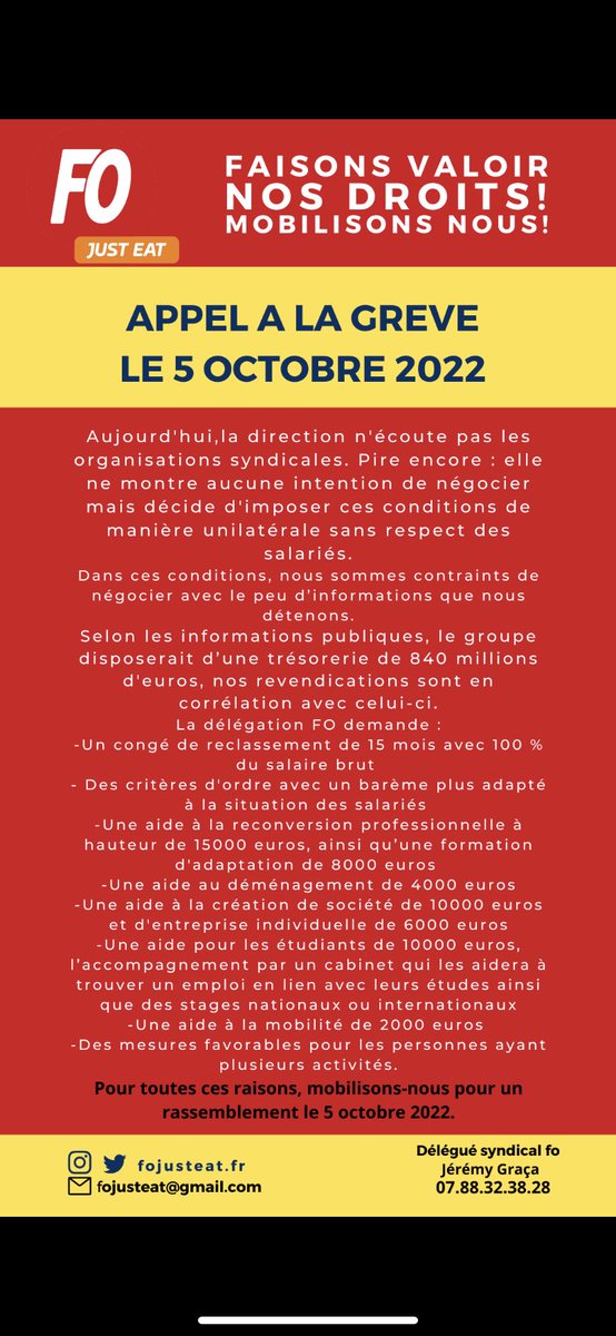 fo_justeat's tweet photo. Appel à la grève de FO Just Eat pour le 5 octobre 2022 @force_ouvriere @SouillotFo @fo_justeat #GREVE https://t.co/oiRAY6v2JG
