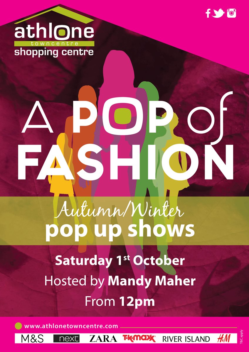 Wondering how to style your Autumn Winter Wardrobe? Visit Athlone Towncentre on Saturday October 1st from 12pm for a series of mini pop up fashion shows featuring a selection of new season styles for Autumn/Winter. More event Info: athlonetowncentre.com/blog-autumn-wi…