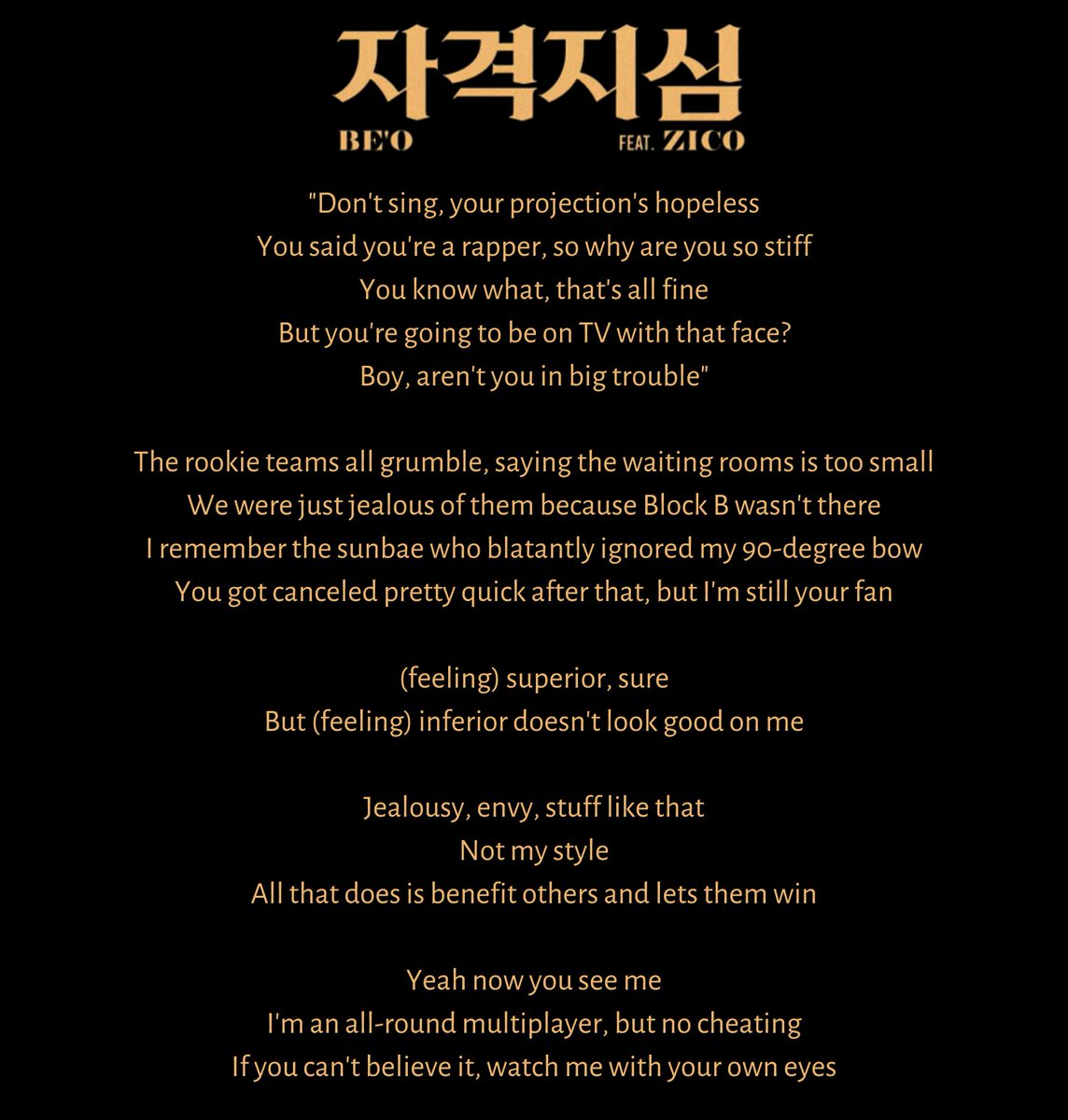 KOZ_Trans's tweet photo. BE'O - Inferiority Complex (Feat. ZICO) ZICO ENG TRANS

#BEO #InferiorityComplex #ZICO #KOZ_Trans https://t.co/Lj4KclFuqj