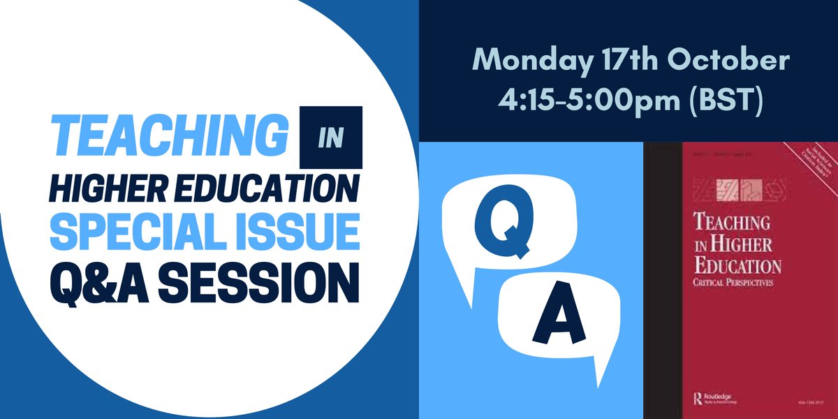 Pls RT: CFP for a Special Issue on #precarity &amp; illusions of certainty in #HigherEducation teaching

SI editors: <a href="/Peter_Kahn/">Peter Kahn</a> <a href="/mpsmoreau/">Marie-Pierre Moreau</a> <a href="/Jess_Gagnon/">Follow @jessgagnon on bluesky</a>

think.taylorandfrancis.com/special_issues… 

Q&amp;A session: 17 Oct
Abstracts: 30 Nov

#HigherEd #HEchat #LTHEchat #AcademicTwitter #AcademicChatter /1
