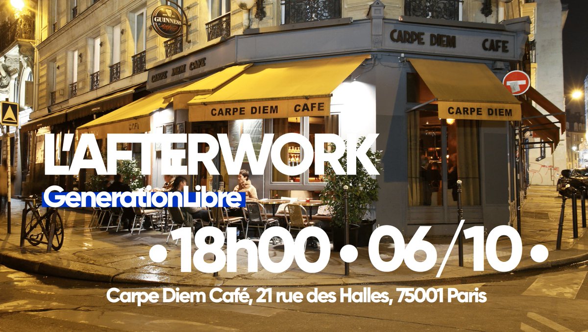 GLthinktank's tweet photo. #Afterwork ⌛ À partir de 18h ce jeudi 6 octobre rejoignez l'équipe de #GenerationLibre au Carpe Diem pour notre afterwork mensuel🥂.
Inscriptions 🔎👉 https://t.co/LBHcV2bPot https://t.co/OWwzYmH5OY