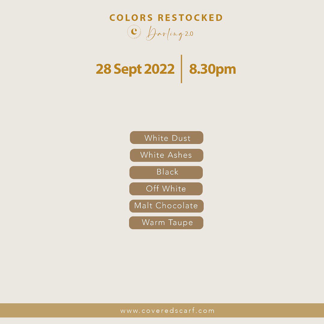 CoveredScarf's tweet photo. We heard you, Dearies! 🥳

Our Darling 2.0, in your favourite colours, is restocking today! 🥰

Get yourselves ready for our date tonight, Ladies! 8.30 pm 😘 https://t.co/nM9d9N2ZKJ