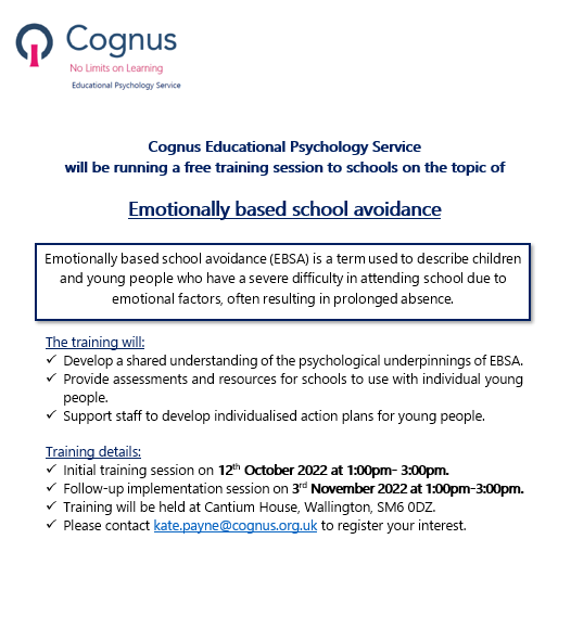 Sutton Schools - Register your interest in attending the Educational Psychology Service’s free EBSA training for schools on 12th October. Further details are provided below bit.ly/3UHkTRf
#CognusandProud #Sutton