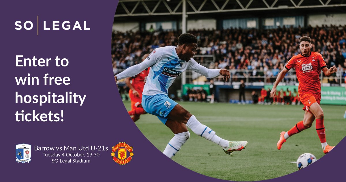 SOLegalUK's tweet photo. Hey @BarrowAFC fans, it's competition time again!

You could win FIVE hospitality tickets for Barrow vs Man Utd U-21s!
To enter: like, follow, and tell us in the comments who you'd take with you, and why!

RT for an extra entry
Winner announced Monday, good luck!

#BarrowAFC https://t.co/DLl0liu1Q2