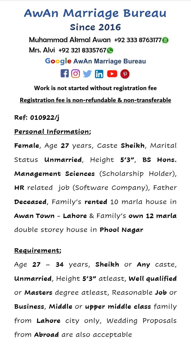 AwAnMarriage's tweet photo. #Female #27Years #Sheikh
#Unmarried #5feet3inch 
#BSHonours #Management
#HRjob
#Lahore #AwanTown #PhoolNagar
#AMB #Registered https://t.co/fc5vzxq9Pd