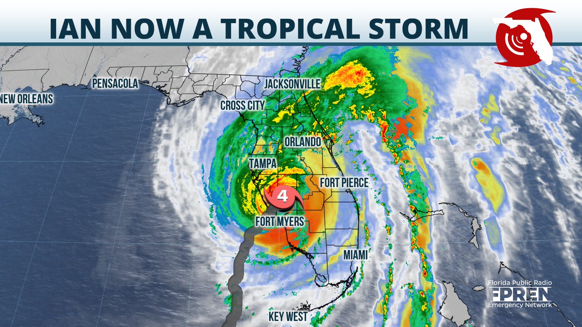 FloridaStorms's tweet photo. 5 AM UPDATE: Ian has weakened to a tropical storm, but heavy rain continues to fall over Central and North Florida. Tropical storm force winds gusts are still expected over this region through at least the evening. #FLwx https://t.co/miUxQvIwaQ