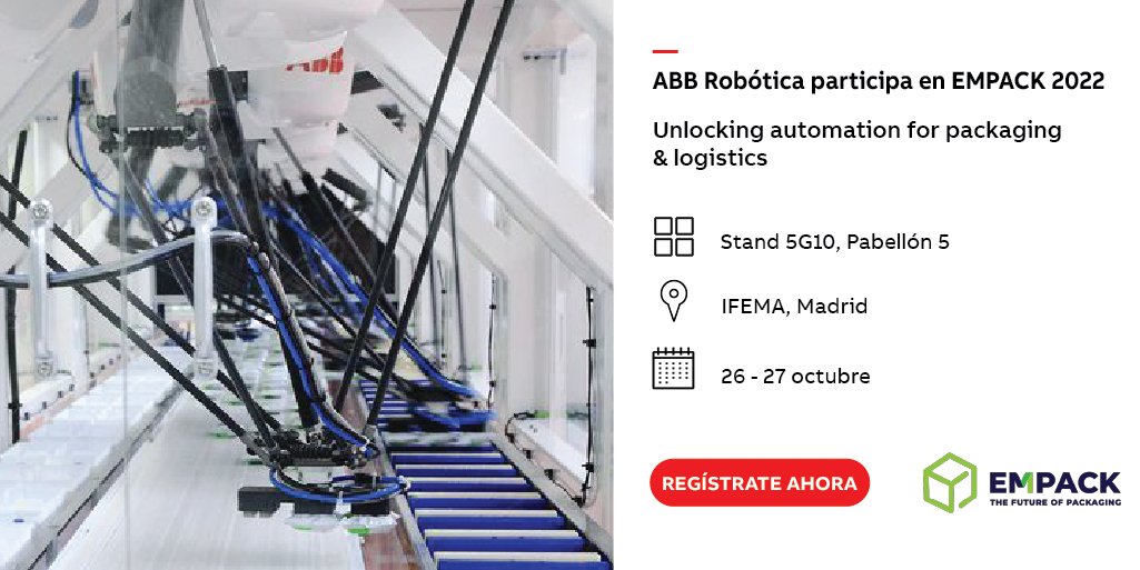 ABB_Robotica_ES's tweet photo. 📢Recuerda que mañana #ABB Robótica presentará en #EMPACK22 la última tecnología para la automatización de #envase y #embalaje.
✅ IRB 360 FlexPicker™
✅ IRB 920T SCARA
✅ PickMaster® Twin
✅ GoFa™ con software de #paletizado
Descubre más y regístrate👉🏼https://t.co/LlAy6boEvK https://t.co/vomcbIxfIN