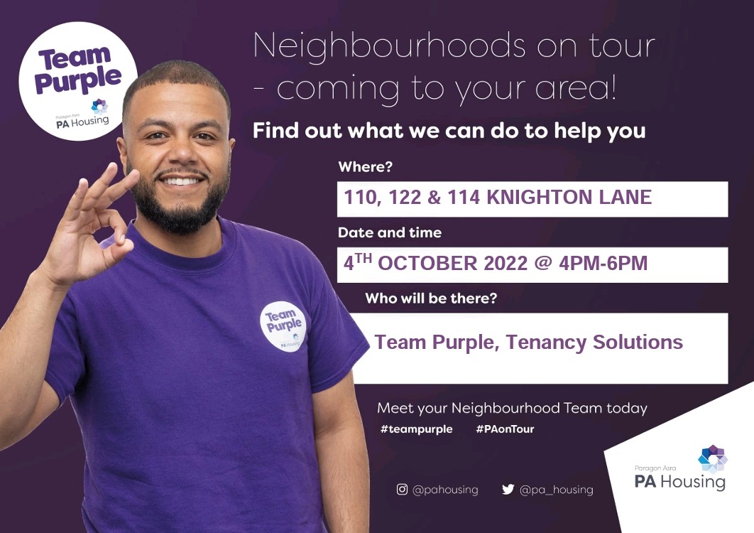 Farmaan29's tweet photo. Please join us at our #PAonTour event @ 110, 112 &amp; 114 Knighton Lane. We look forward to seeing you! @pa_housing #TeamPurple https://t.co/qICGDpDcsG