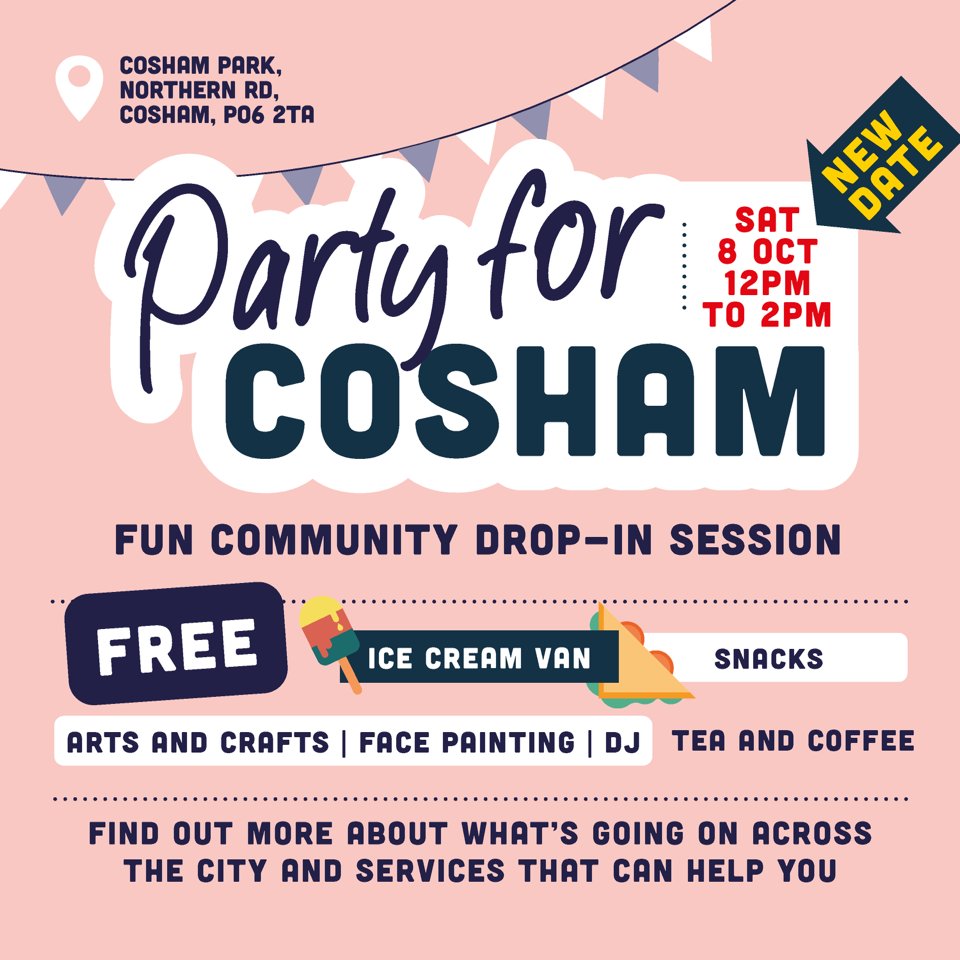 Come and join Somerstown, Cosham and Hilsea for their free community parties. All three events will run from 12pm - 2pm and are open to everyone. 🎉
 
Our team at Aspex are excited to be attending to deliver free arts and crafts activities! We hope to see you there. 🎨