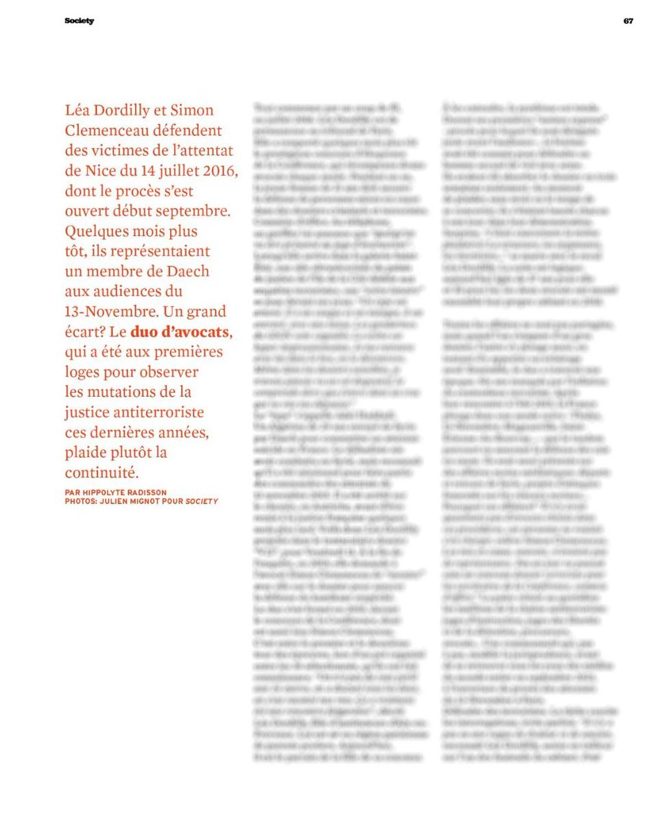 Abonné de la première heure à <a href="/SocietyOfficiel/">Society et Society+</a>, je suis très heureux d'y signer un premier article 🗞
 
À la rencontre de deux avocats spécialisés dans la défense de terroristes, qui ont choisi de représenter des victimes de l'#attentatdeNice
 
En kiosque aujourd'hui ! Thread 🧵