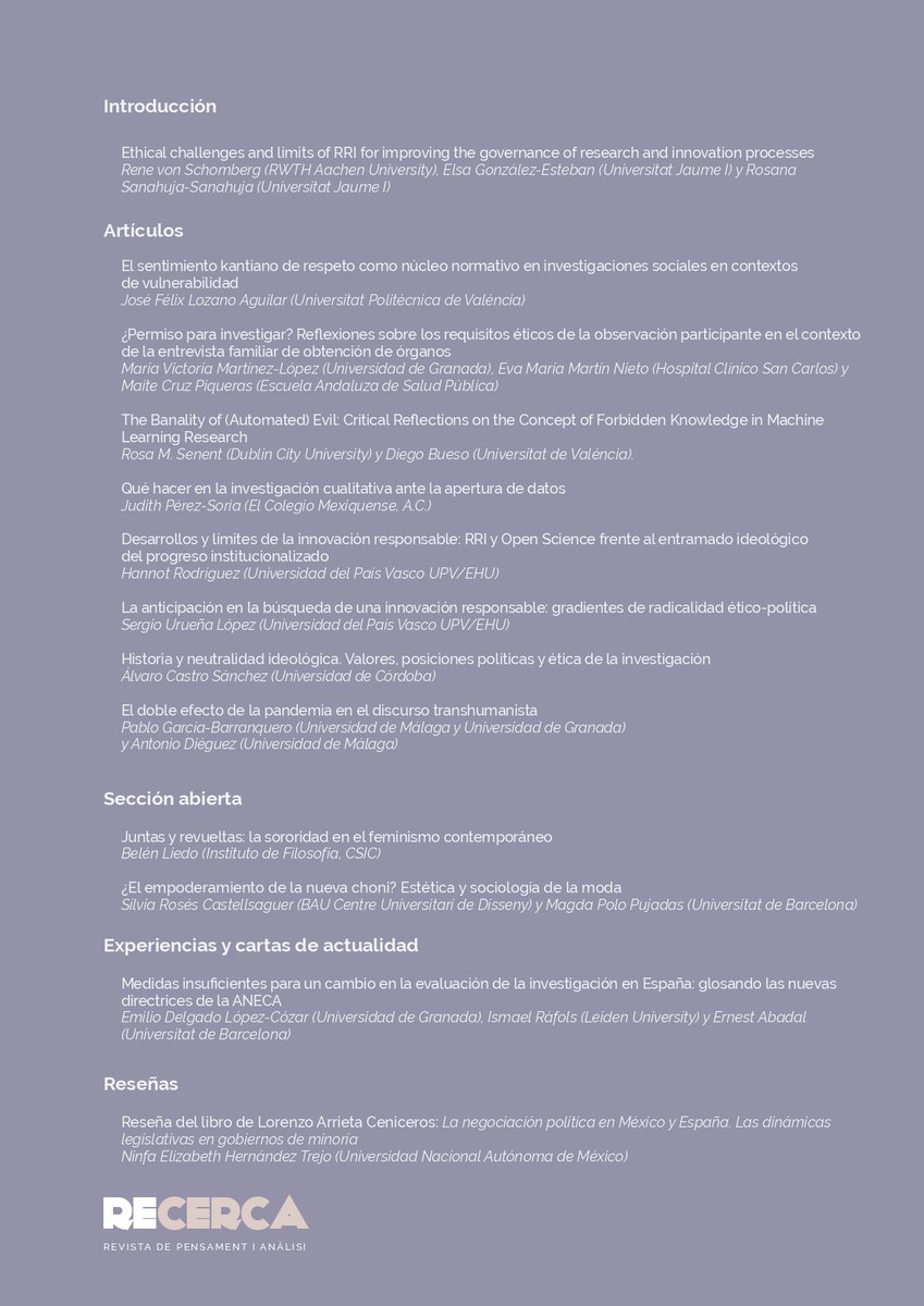 EticaDemocracia's tweet photo. "Ética de la investigación: Configurar marcos para promover buenas prácticas" es el último monográfico de #RecercaRevista que ya está disponible en nuestra web: https://t.co/YkUEFHqhtY
Editado por @ElsaGonzlezEst1 @RosanaSanahuja y René von Shomberg 🔍📕🧪¡Echadle un vistazo! https://t.co/xarVMgPsmg