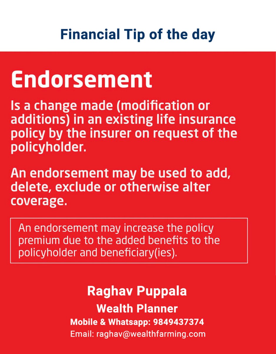 SangeethaLakka1's tweet image. Financial tip of the day
#financialtipoftheday #coverage #endorsement #wealthplanner