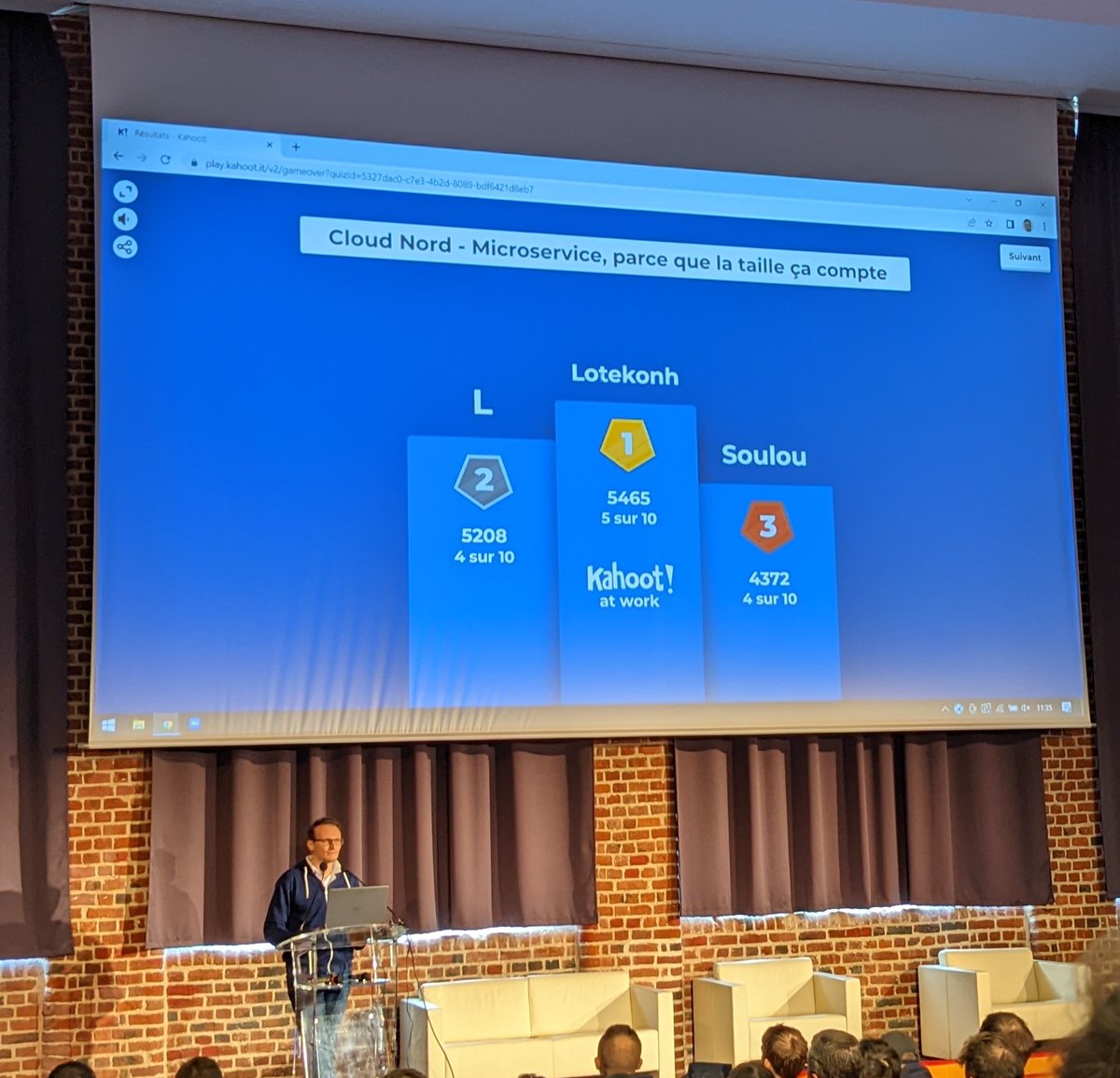 Quand à #Cloudnord  c'est toi Lotekonh (avec un H car c'est breton) qui gagne le kahoot sur les microservices de <a href="/JeanRemyRevy/">Jean-Rémy Revy</a>  <a href="/ippontech/">Ippon Technologies</a> <a href="/AXAJobs_fr/">AXA Jobs France</a>