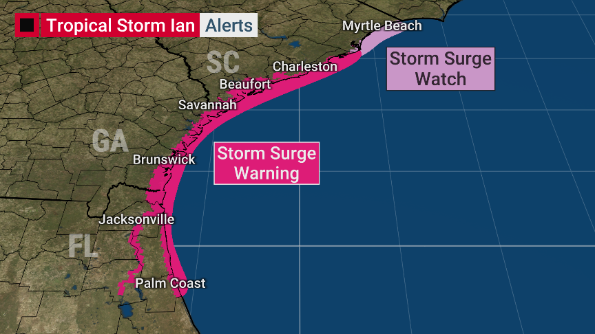 ColleenWeather's tweet photo. #Ian is still a powerful tropical storm this AM. It continues to make its mark across FL w/ eyes set on GA &amp; Carolinas. Ian will likely make another landfall in SC Fri PM. That means #stormsurge #wind #inlandflooding are concerns for places like #Charleston #Savannah #MyrtleBeach https://t.co/WZgBvEzPiP