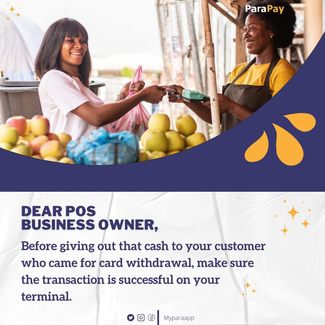 myparaapp's tweet photo. Sometimes POS business owners loose money from giving cash to their customers when a transaction failed on their terminal.

This is due to not checking the transaction status before disbursing cash.
Don't become a victim, please be sure before handing out cash to a customer. https://t.co/mioVsEYWiC
