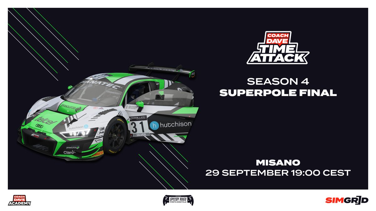 coachdavesetups's tweet photo. 33 drivers, three knock-out qualifying sessions, one Super Pole and one champion ๐ฅ
Will @WIL_Hydra or @LukeW_Racing secure another title or will a new name rise to the top in the #cdtimeattack S4 finale? ๐
Join us live to watch the action unfold ๐
๐บ https://t.co/yI1Ev63ye4 https://t.co/beqmxCmKZd