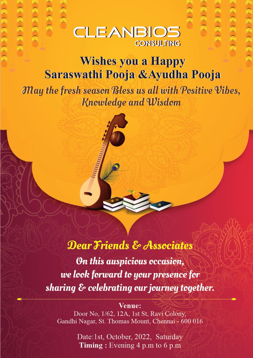 Cleanbios's tweet photo. Dear Friends & Associates
Team Cleanbios Welcomes you to take part in the "Ayudha Pooja celebrations 2022".
On the auspicious occasion, we look forward to your presence for sharing & celebrating our journey together.
Venu: Guindy, oct 1, Saturday.
#cleanbios #ayudhapooja https://t.co/eyvsoHXQvJ