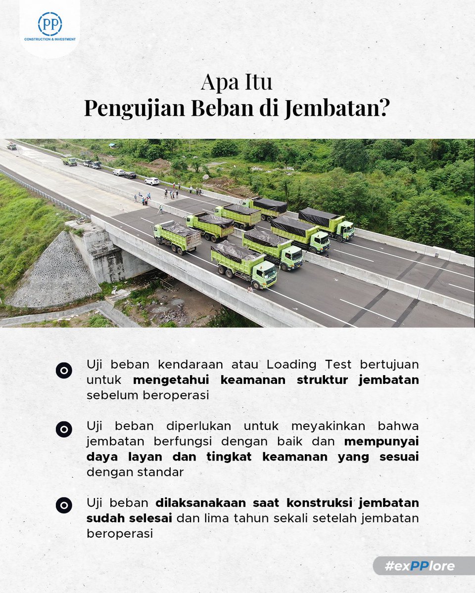 PTPP_ID's tweet photo. #SahabatPP sudah pernah dengar isitilah Loading Test belum?
Minggu ini Mimin mau sharing apa itu Loading Test dan apa saja metode pelaksanaannya nihh~
Yuk langsung kita #exPPlore bareng, Pengujian Beban di Konstruksi Jembatan!
#EmpoweringTheFuture https://t.co/fmwiszXtSd