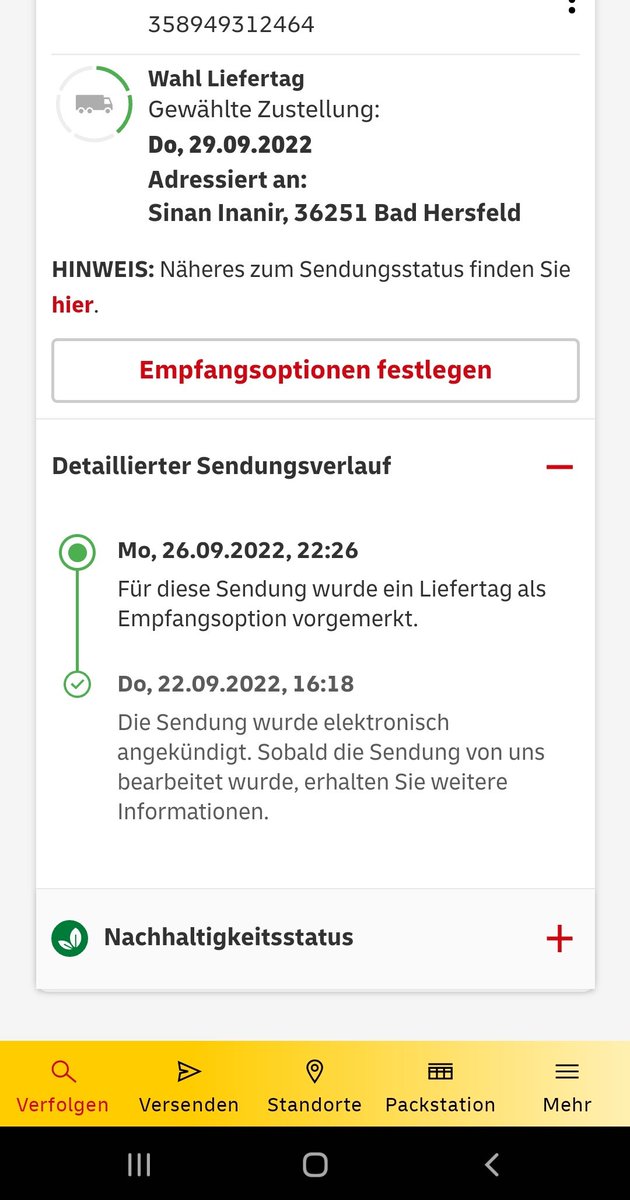 staatsgesuchter's tweet photo. @DHLPaket ich habe am Montag einen festgelegten Liefertag angegeben, dass mein Paket heute ankommen soll jedoch hat sich seitdem der Status der Sendung nicht geändert, obwohl ich mit expressversand gemacht habe.
Ich bitte um eine detaillierte Antwort was das los ist https://t.co/2Zxfy0Ilvc