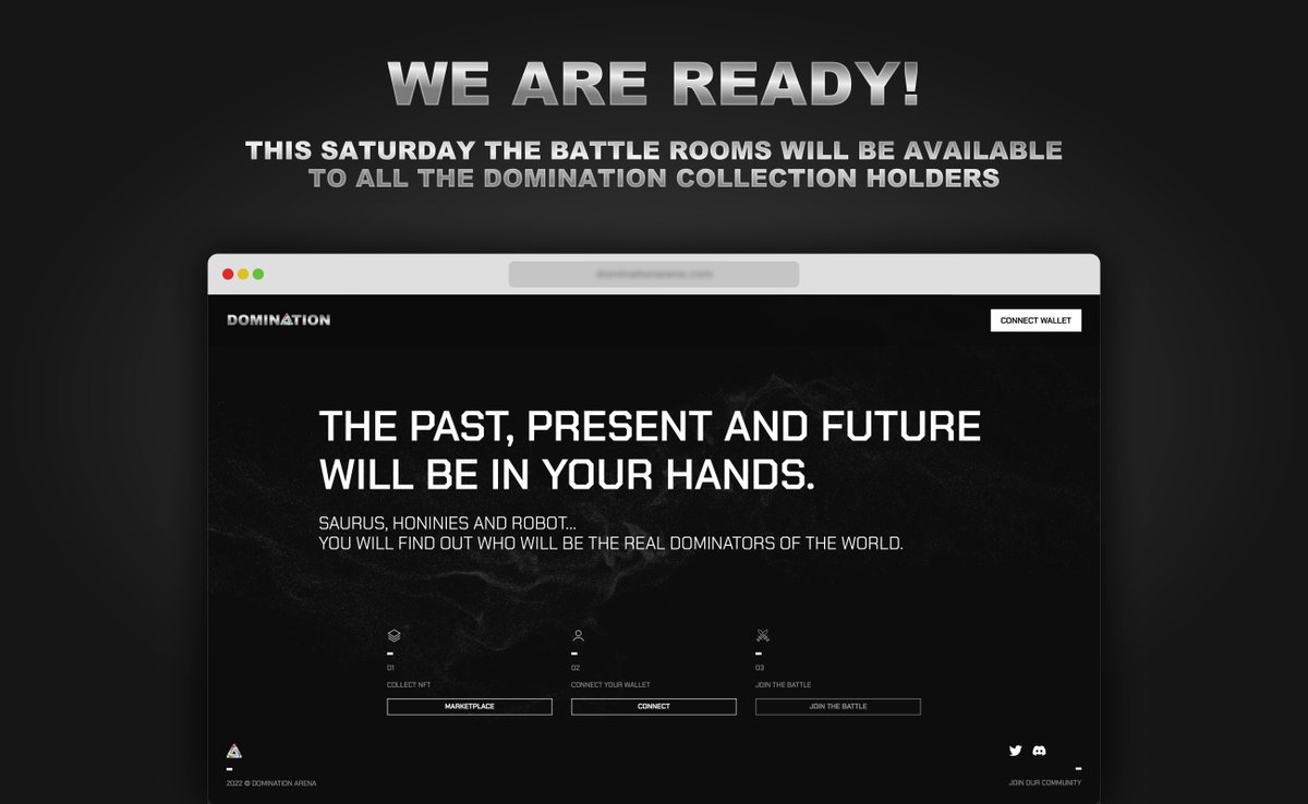 🎉WE ARE READY!🎉 

This Saturday the battle rooms will be available to all the Domination collection holders!

#DominationArena #VNFT #NFT #VeChain #VeFam $VET #NFTMarketplace