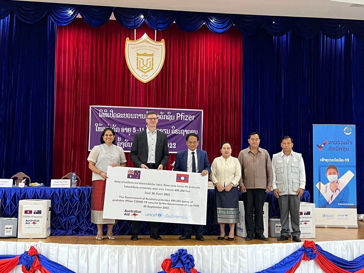 AusAmbLaos's tweet photo. This month Australia delivered 500,000 doses of paediatric COVID vaccine. The  💉 is being rolled out to five year-olds in Laos for the very first time. https://t.co/VebXonBkoa