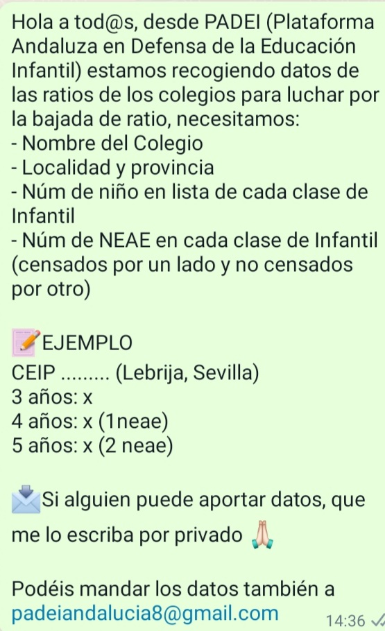 Desde PADEI necesitamos vuestra ayuda! Toda la información es buena y entre tod@s podemos conseguir algo! 

Podéis mandar la información por privado o a padeiandalucia8@gmail.com 
#bajadaderatio #LaEducaciónInfantilSíimporta