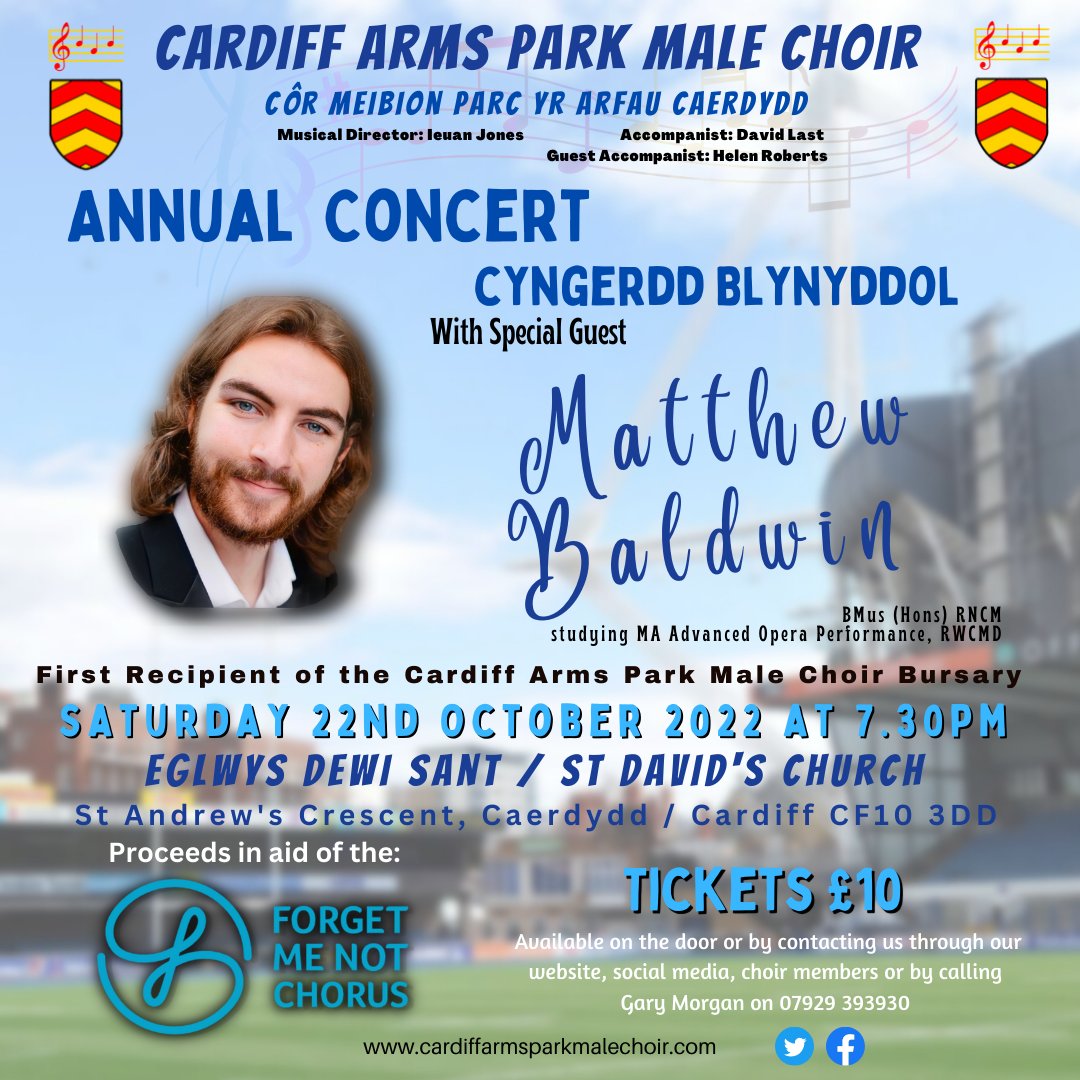 Looking forward to our Annual Concert on the 22nd of October, 7.30pm Eglwys Dewi Sant Cardiff. Featuring Matthew Baldwin (Bass). Proceeds from the night will go to the @FMNChorus to help bring joy and song to people living with and alongside dementia.