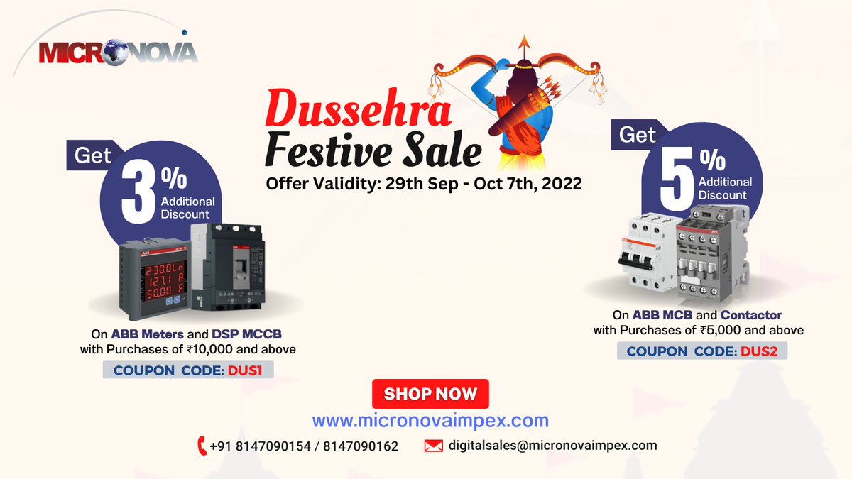 MicronovaImpex's tweet photo. The #Dussehra2022 Festive Is Here and so Is Our Sale
Kickstart the celebrations with Micronova using the coupon codes “DUS1” and “DUS2” to enjoy additional discounts on selected #ABB products.
Hurry up before the stocks run out!
#discounts #offer #electricalandelectronics https://t.co/697YK5iZh6